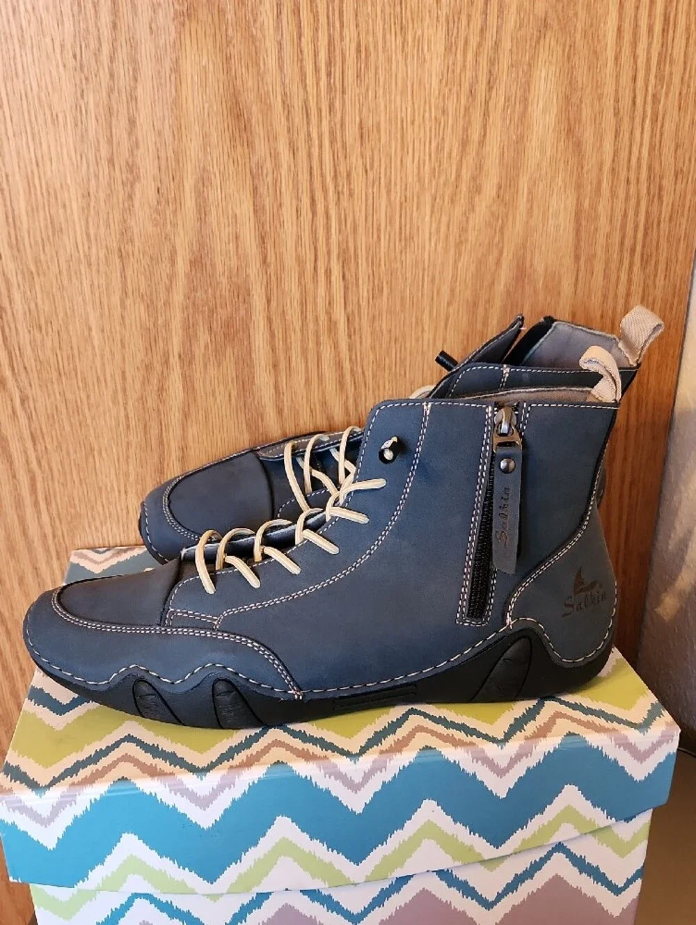 Men's Blue Barefoot Boots with Contrast Cream Laces
